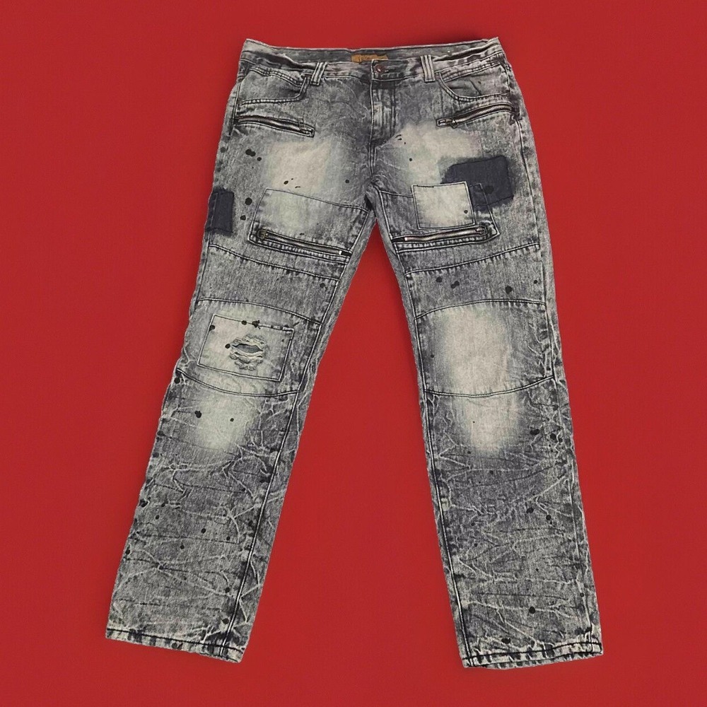1738 Dynasty Jeans Mens 36x31 Blue Distressed/Hip Hop Street wear Straight Denim